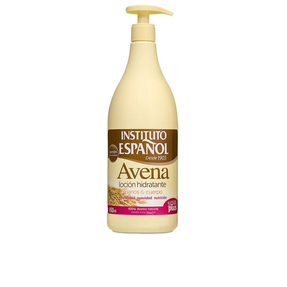 Instituto Español Beige rounded plastic lotion bottle with pump, brown and pink label featuring text and imagery, Instituto Espa