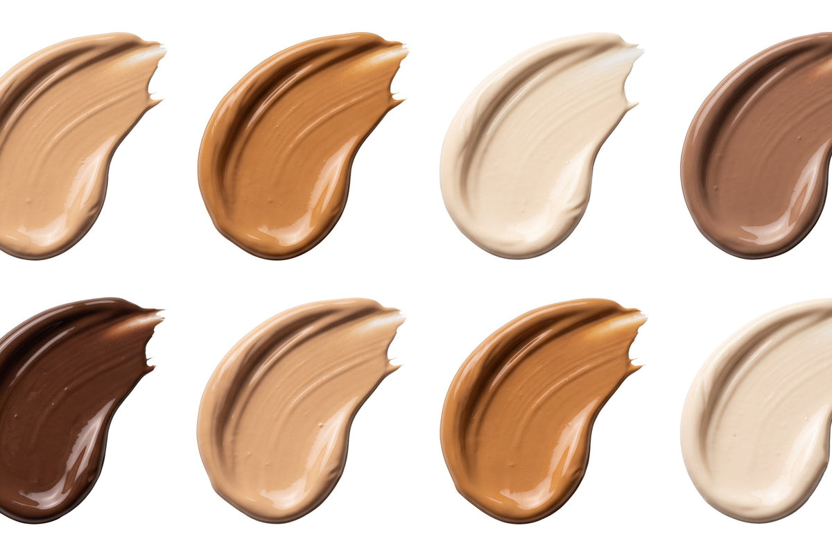 Swatches of liquid foundation in a range of shades from fair to deep