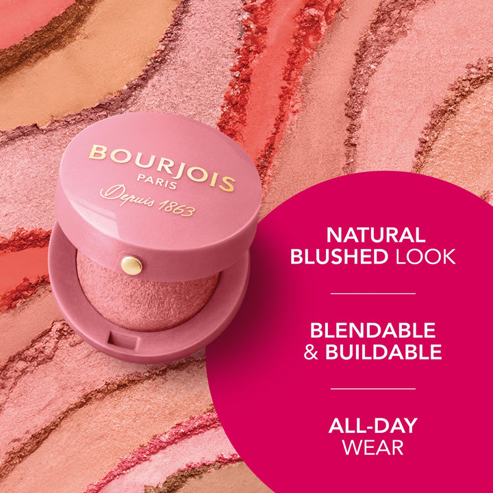 Small baked cheek compact with mirror, brush and warm rose powder shade