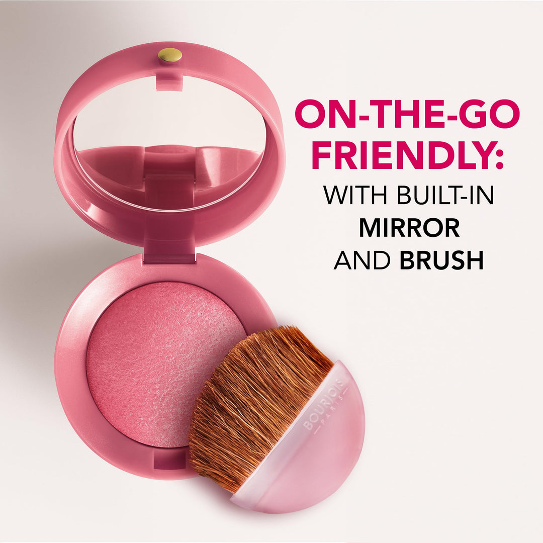 Small baked cheek compact with mirror, brush and warm rose powder shade