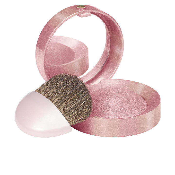 Small round baked powder blush compact with mirror and brush, rose-toned shade