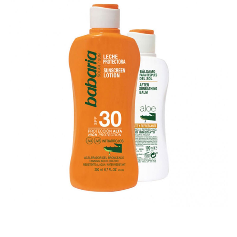 Babaria Aloe Vera SPF 30 sun milk bottle on white background