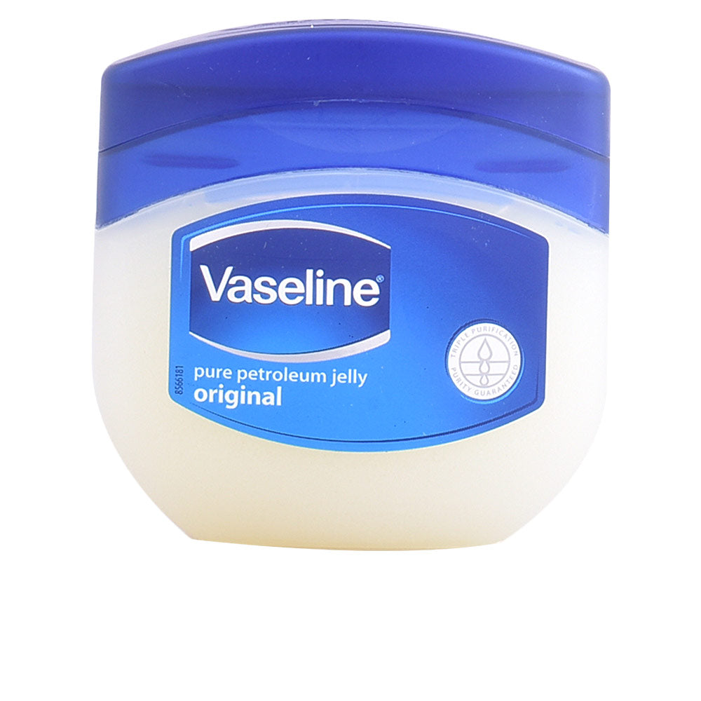 Vaseline plastic jar of petroleum jelly with blue and white oval label and flip-top lid
