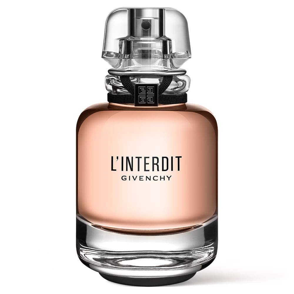Givenchy L'Interdit eau de parfum bottle, elegant glass with black ribbon and signature logo
