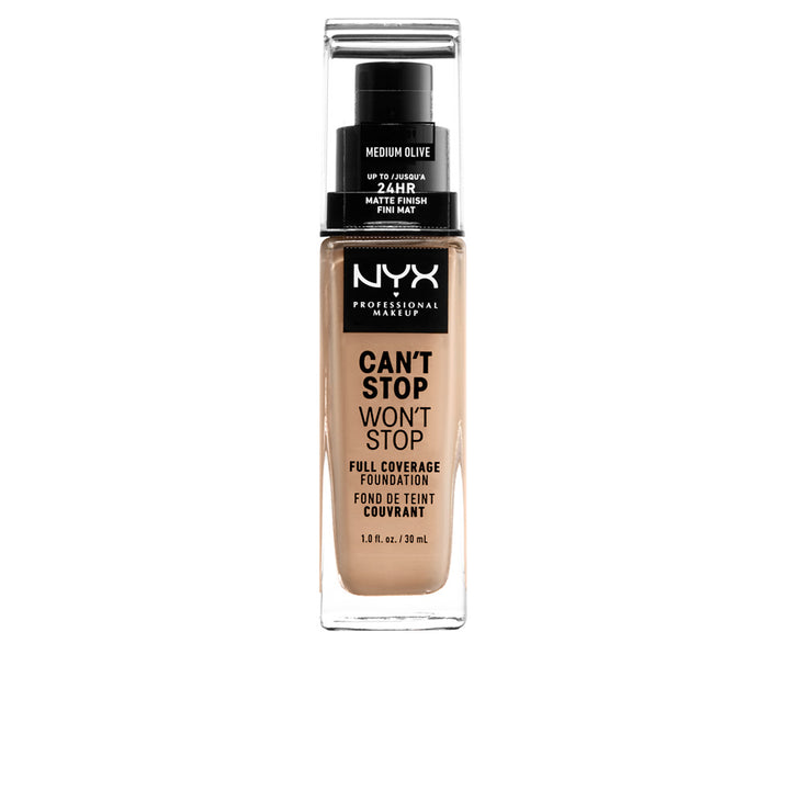 30 ml medium olive liquid foundation bottle, matte finish, pump dispenser