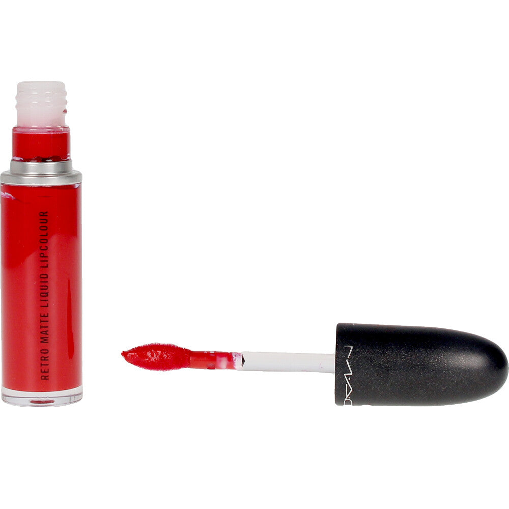 Slim tube of matte liquid lip colour in warm red shade with tapered applicator