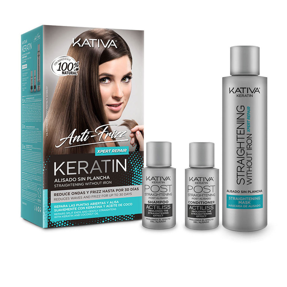 Three‑piece Keratin Anti‑Frizz smoothing kit with treatment bottles, for Women