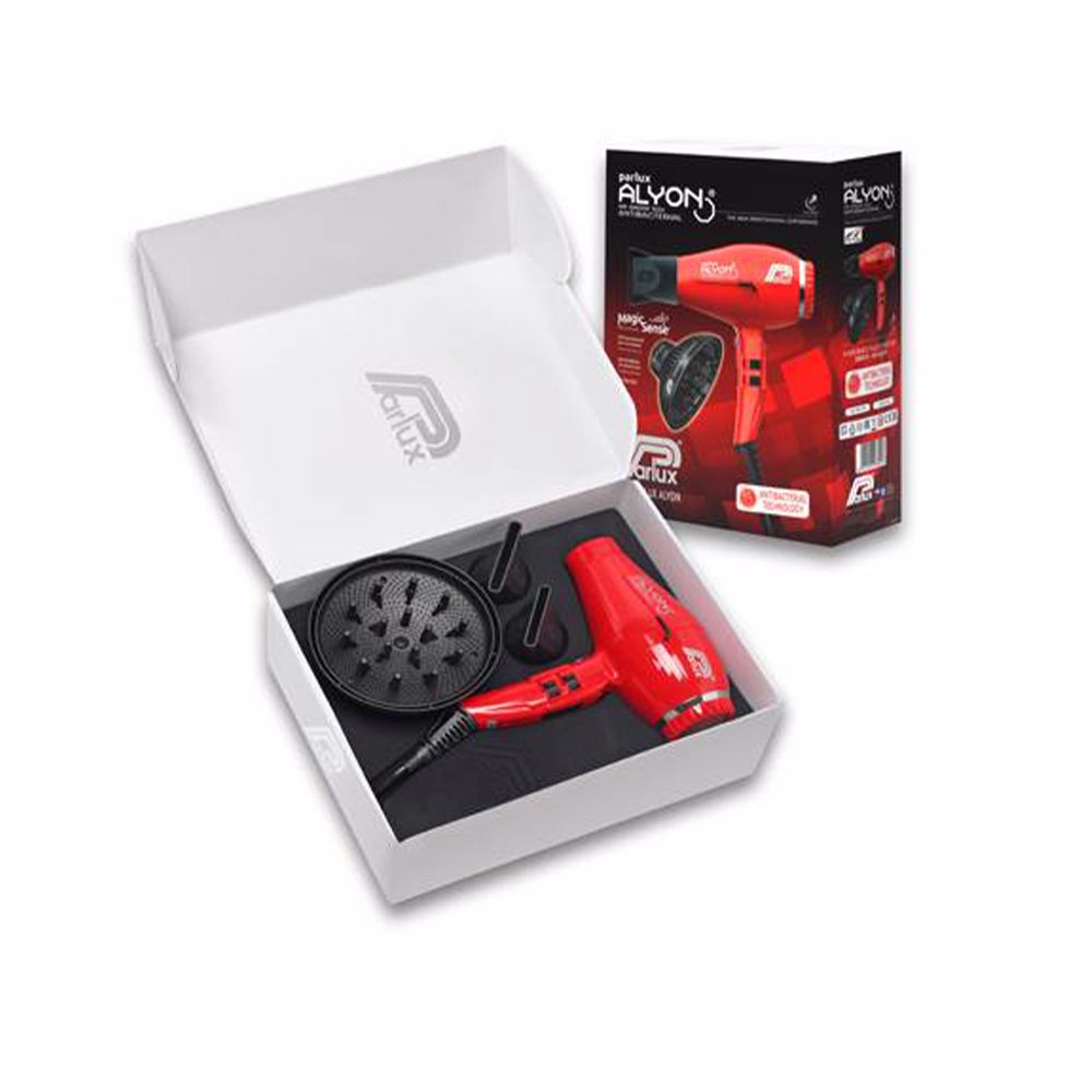 Night‑blue professional hair dryer, compact body, concentrator nozzle, hanging loop