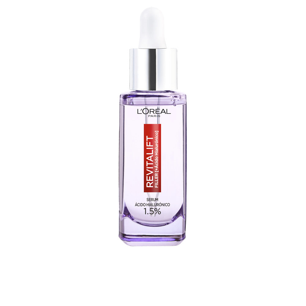 30 ml clear bottle of hyaluronic hydrating serum with pipette, lightweight texture