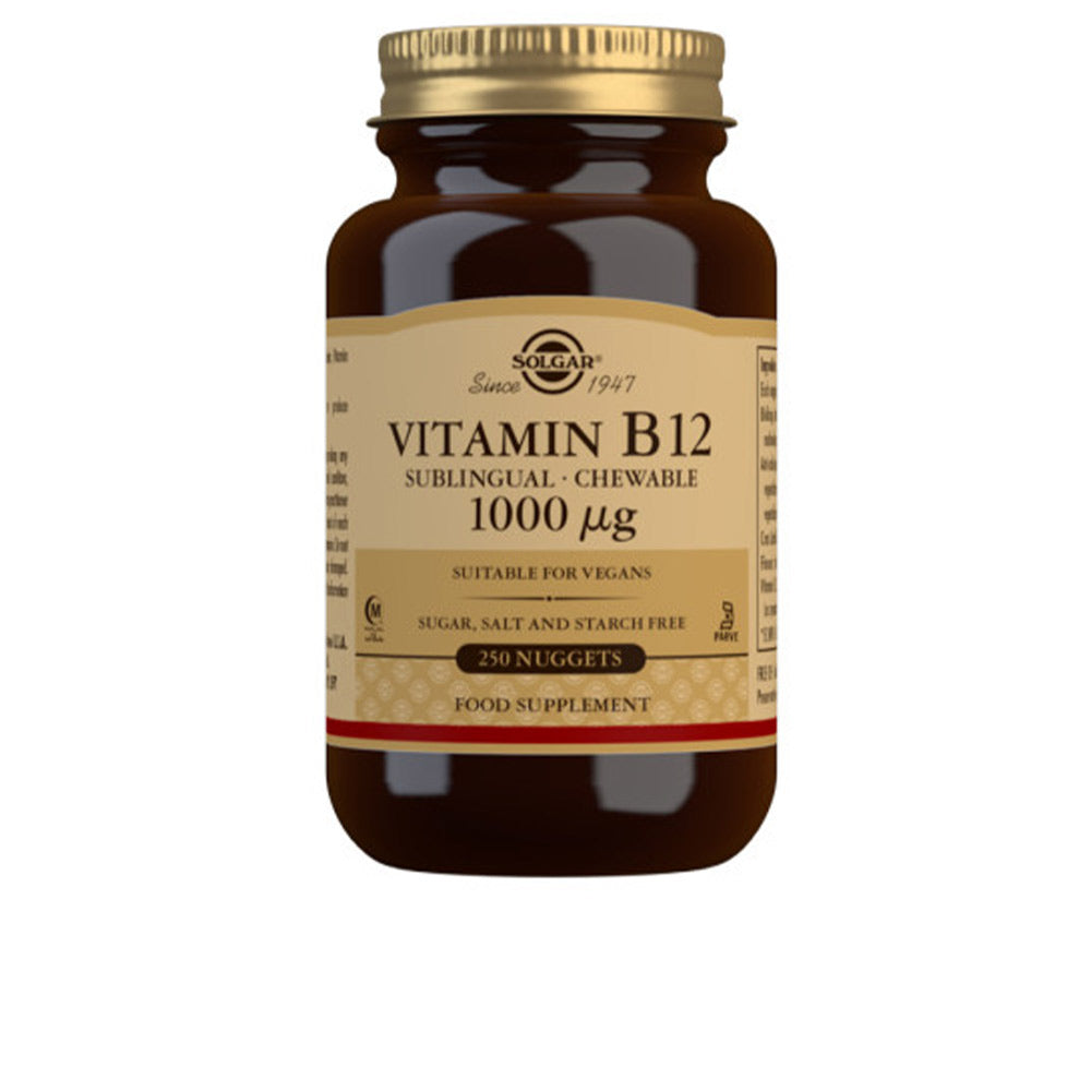 Small amber vitamin bottle with cherry chewable B12 tablets, 250-count, vegan