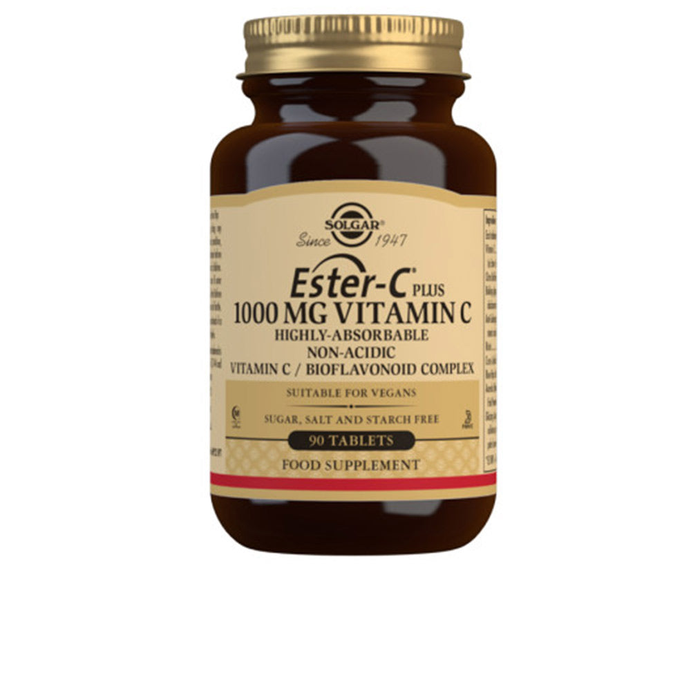 Bottle of 90 buffered Ester‑C 1000 mg vitamin C tablets, vegan, sugar‑free