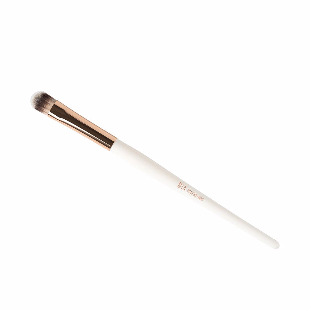 Mia Cosmetics White-tipped tapered eye shader brush with rose gold metal ferrule and printed black plastic handle