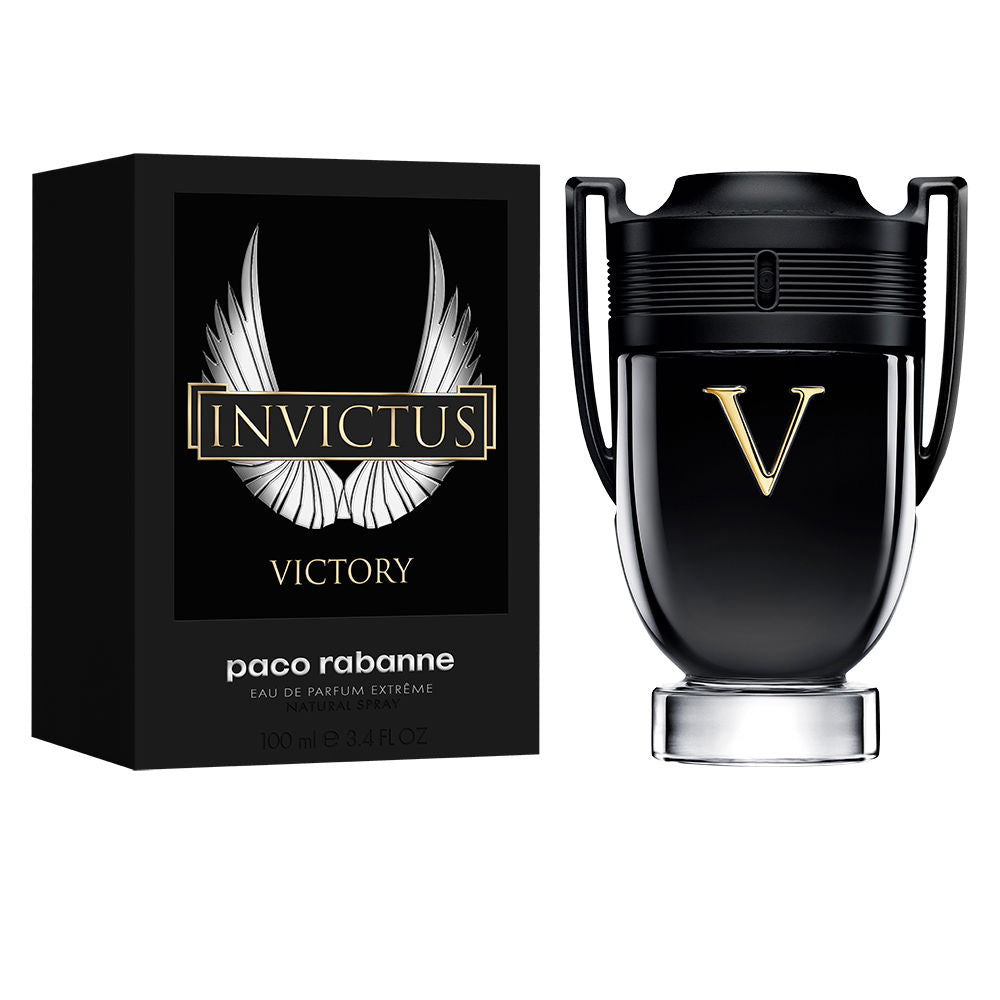 Glossy black 100 ml eau de parfum bottle with gold V and matte black cap