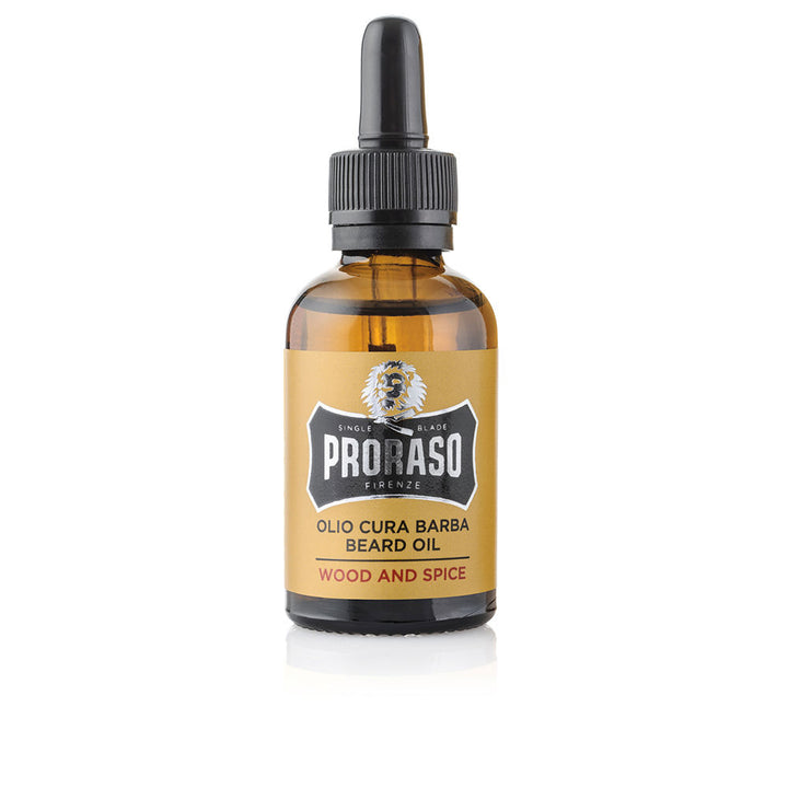 30 ml amber bottle of Wood &amp; Spice beard oil with warm woody fragrance, for Man
