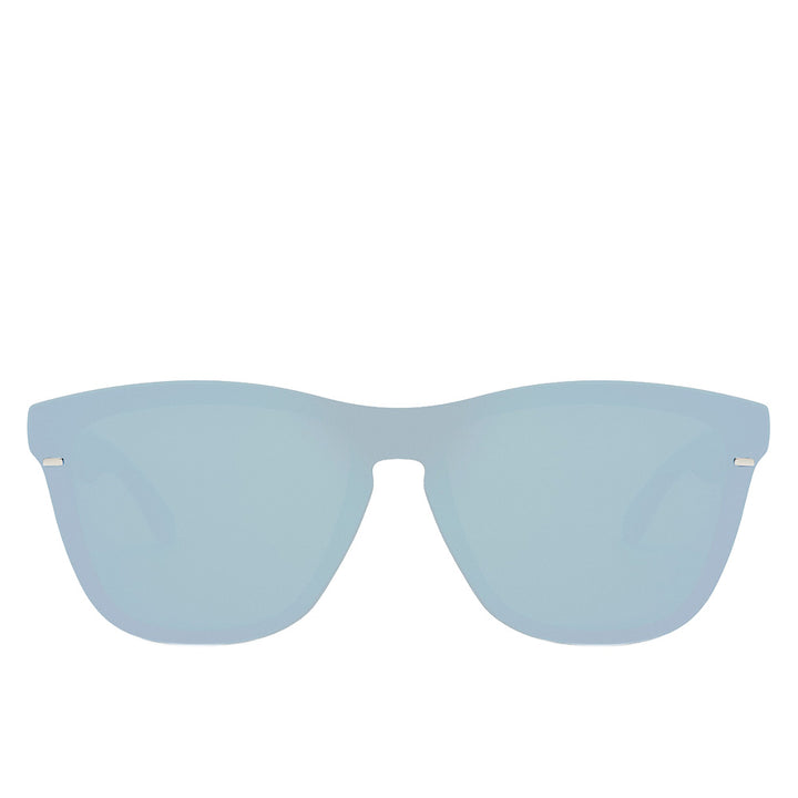 Glossy black hybrid frame sunglasses with chrome mirror mask lens, Unisex