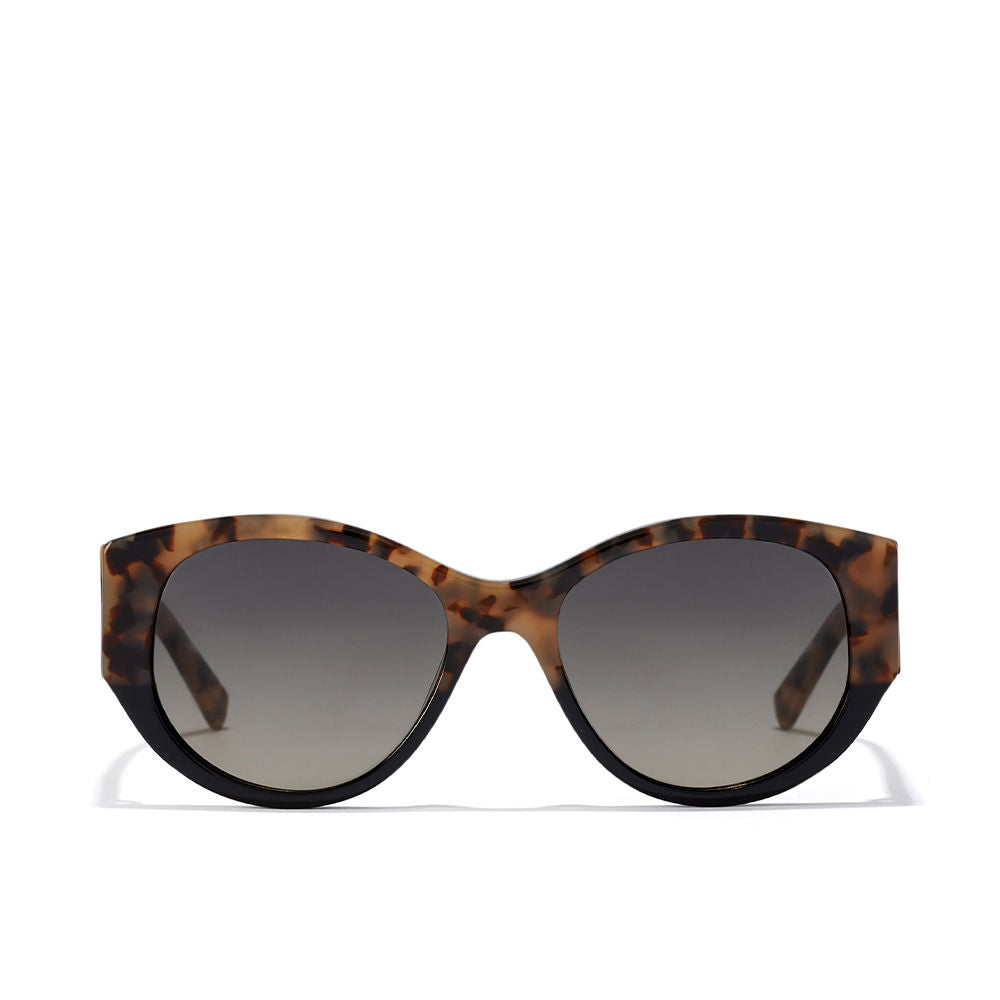 Unisex black polished acetate sunglasses with triangular temples and black lenses
