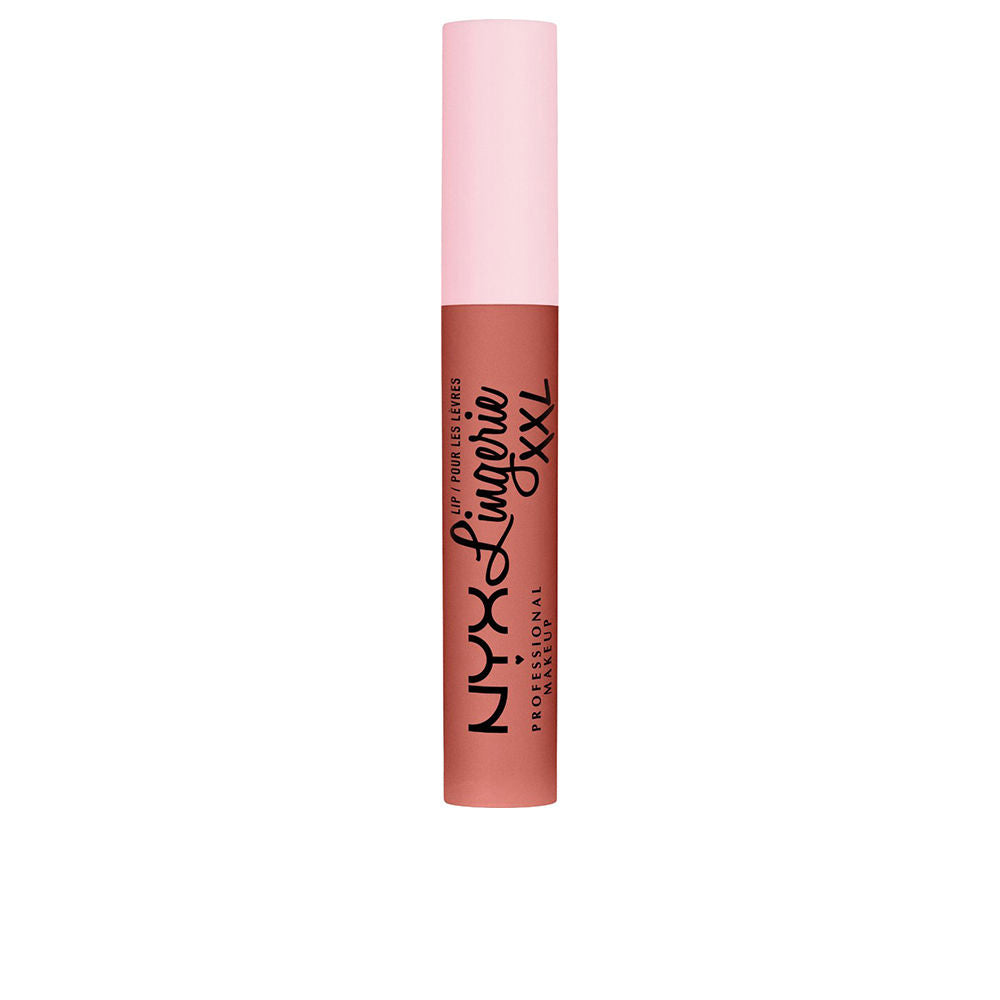 Sleek tube of matte liquid lipstick with angled wand, warm neutral shade