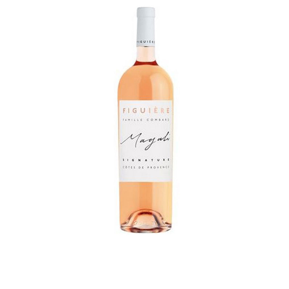 Figuière glass rosé bottle in light pink, transparent rounded shape, white label and white cap.