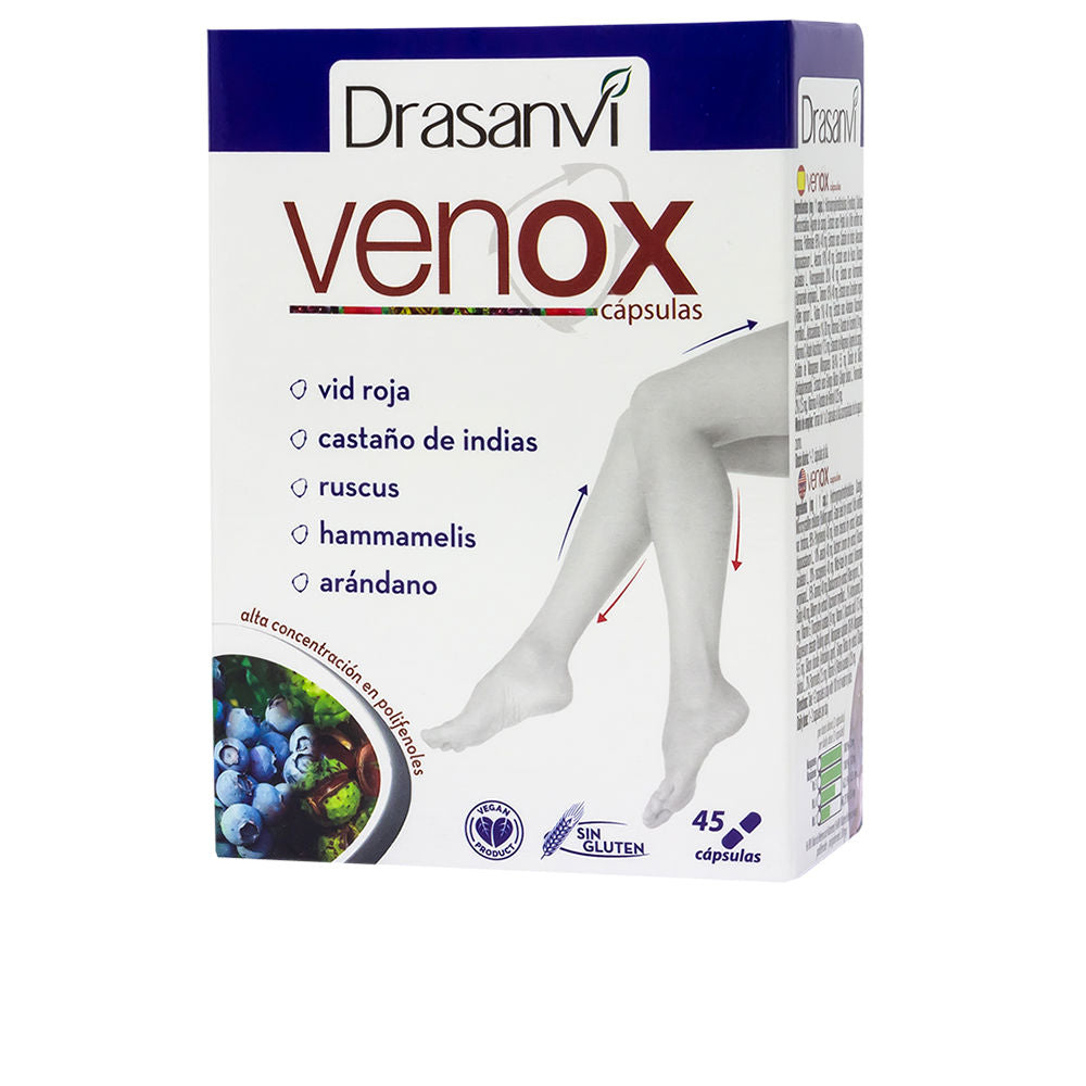 Drasanvi Glass bottle of Venox circulatory support capsules, amber capsules visible, red fruit and herb label