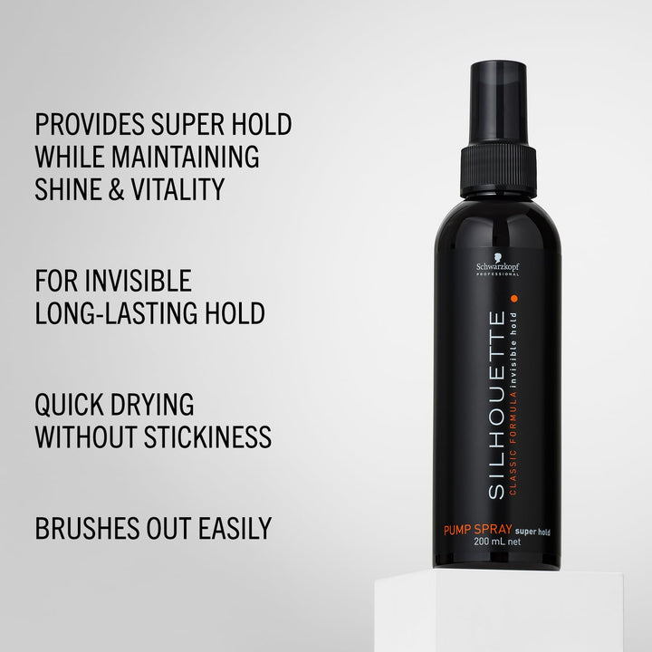 200 ml non‑aerosol super hold pump hair spray, clear glossy finish