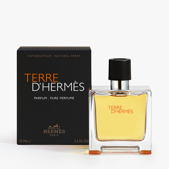 75 ml amber glass parfum with metal-shouldered bottle and sliding cap