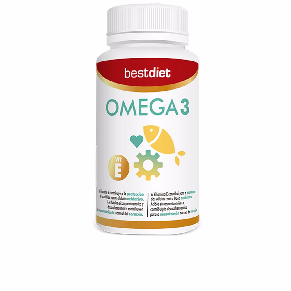 Best Diet White plastic supplement bottle with ribbed screw cap, red and gold label banner, fish and heart icons