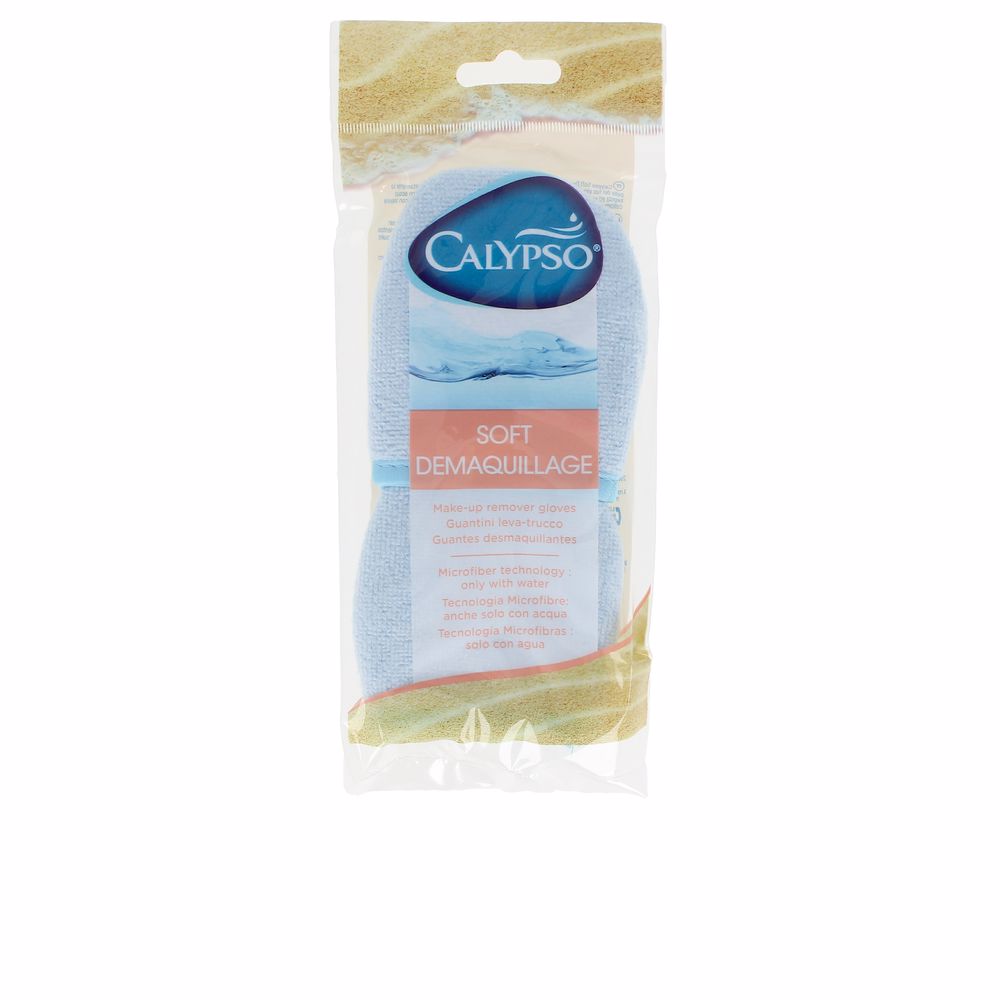 Light blue microfiber make-up remover gloves, glove shape visible, subtle microfiber texture and hanging hole on packaging — Calypso