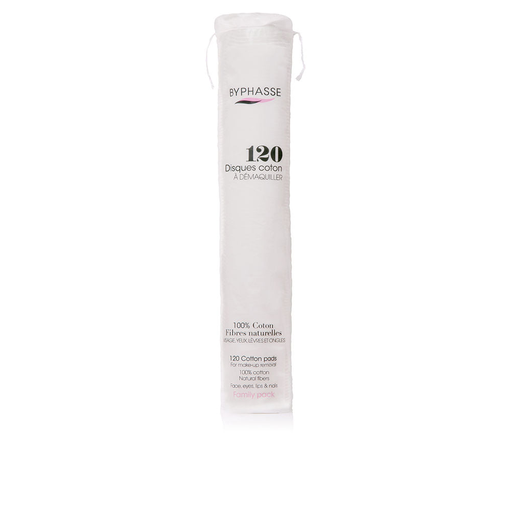 Stack of double‑sided 100% cotton cleansing pads, 120 units, textured and soft faces visible
