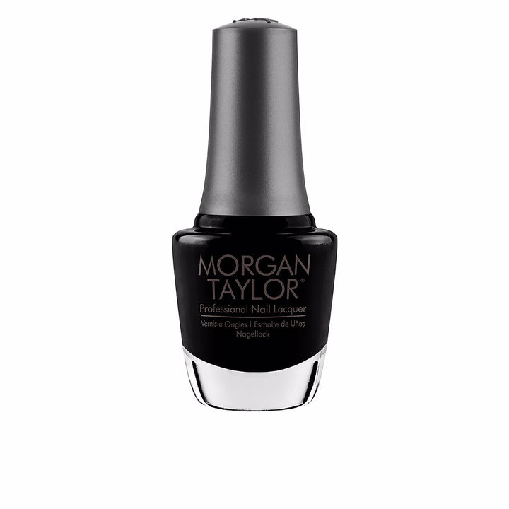15 ml glass bottle of deep black high‑gloss nail lacquer with curved brush