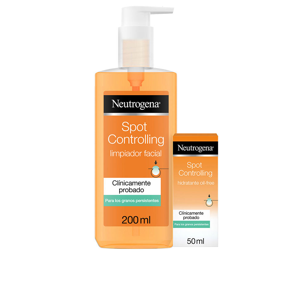 Neutrogena Orange plastic cleanser and moisturizer set with pump, two sizes, black-and-white label, droplet icon.