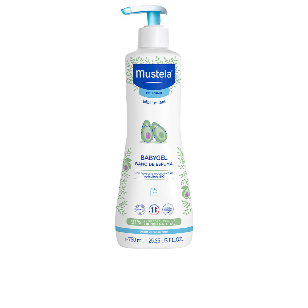 750 ml foaming baby wash bottle with light blue gel, avocado and cornflower highlights