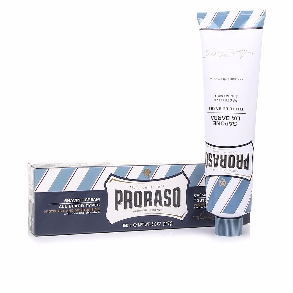 Tube of blue shaving cream, 150 ml, aloe vera and vitamin E