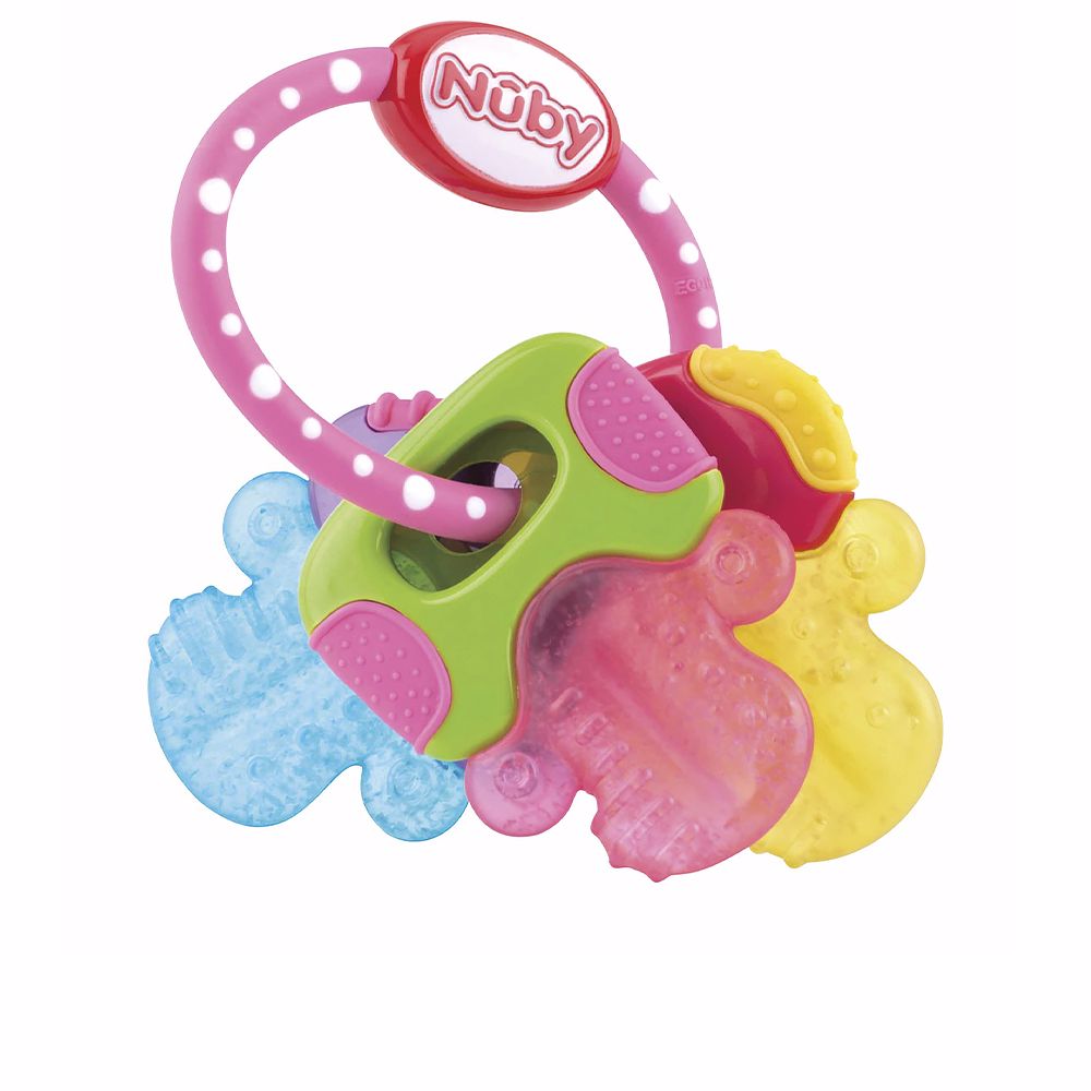 Unisex pink three-key silicone teether with textured keys and circular handle