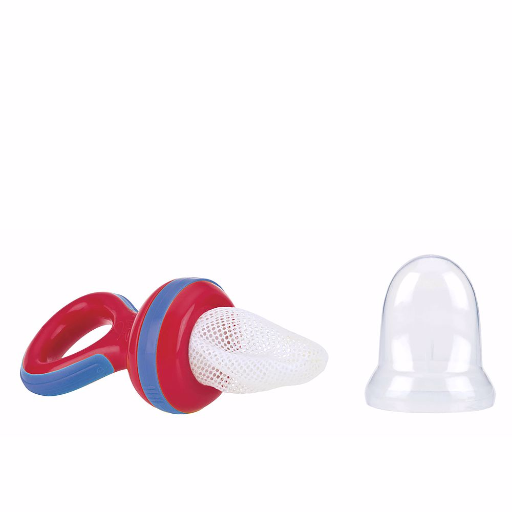 Red silicone mesh baby feeder with contoured handle and safety lock, Unisex