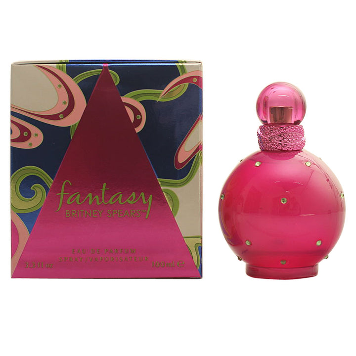 Spherical fuchsia perfume bottle with green crystal accents, 100 ml