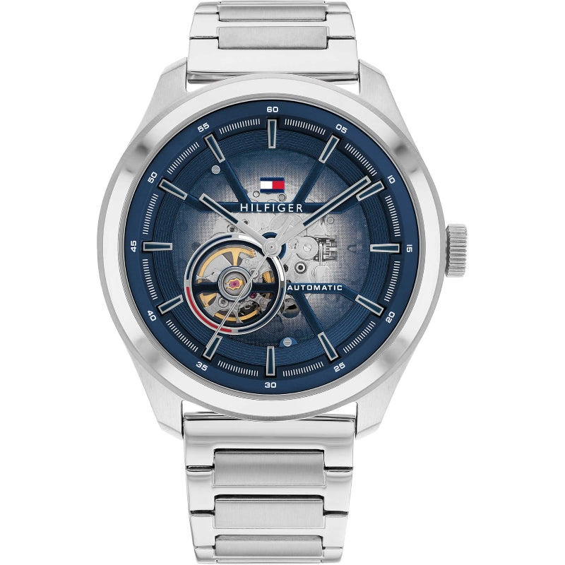Sapphire-Accented Silver Skeleton Automatic