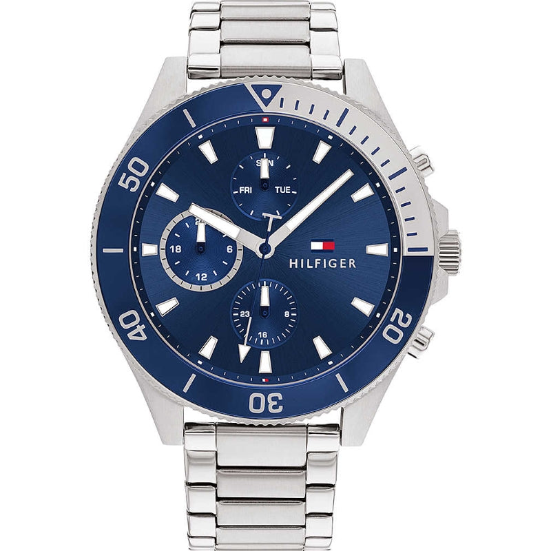 Sleek Silver Chronograph with Blue Dial Precision
