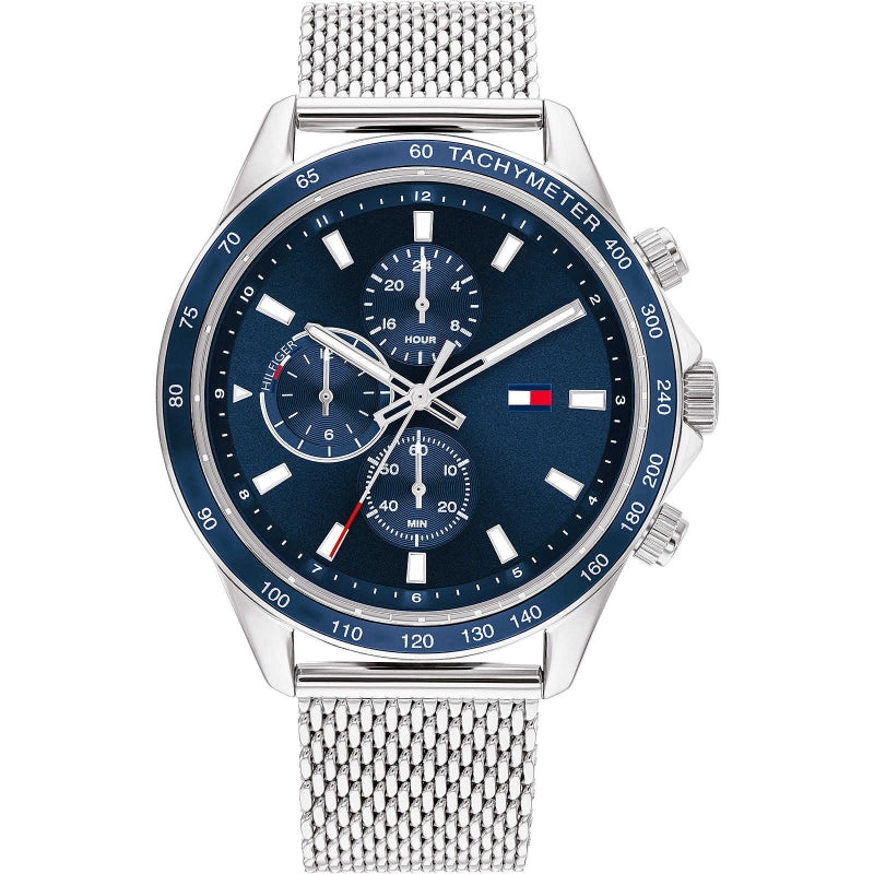Sleek Silver Chronograph with Blue Dial and Tachymeter