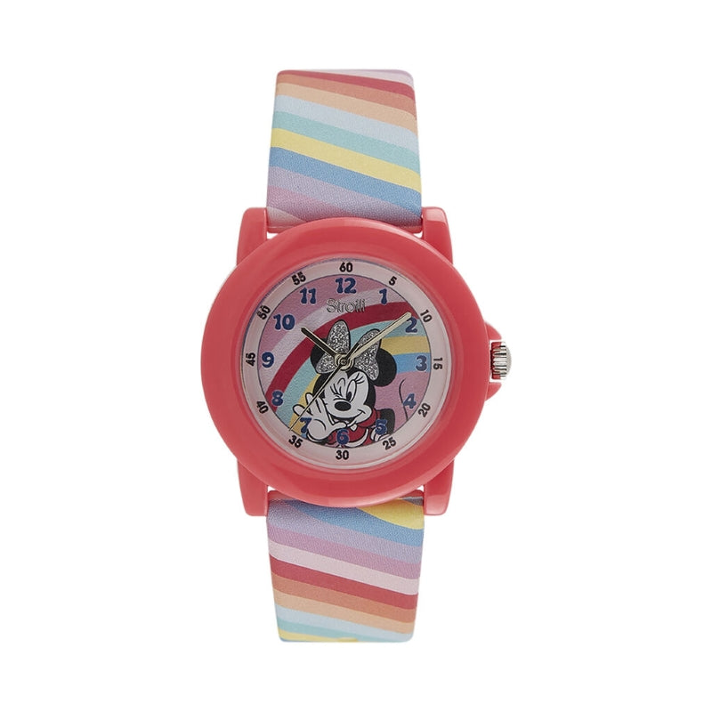 Playful Minnie Mouse Analog Watch with Rainbow Strap