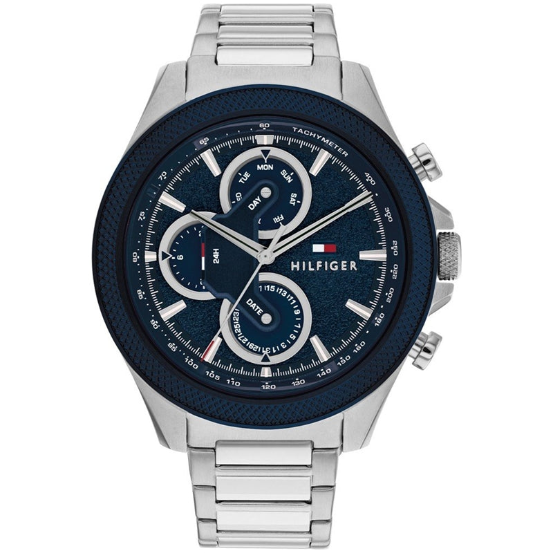 Sleek Silver Chronograph with Blue Dial Accents