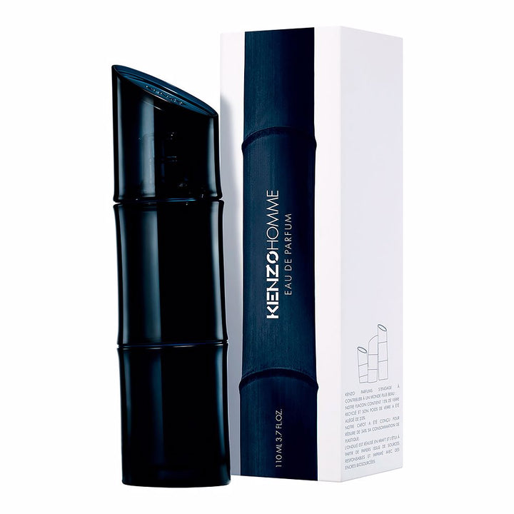 Dark glass 60 ml perfume bottle with beveled black cap, aquatic woody scent