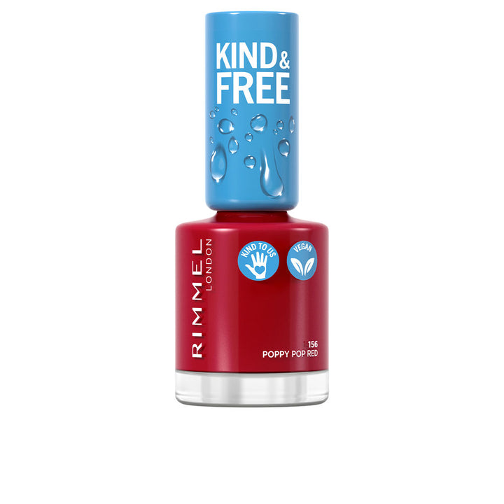 Small 8 ml bottle of bright poppy red cream nail polish, compact brush cap