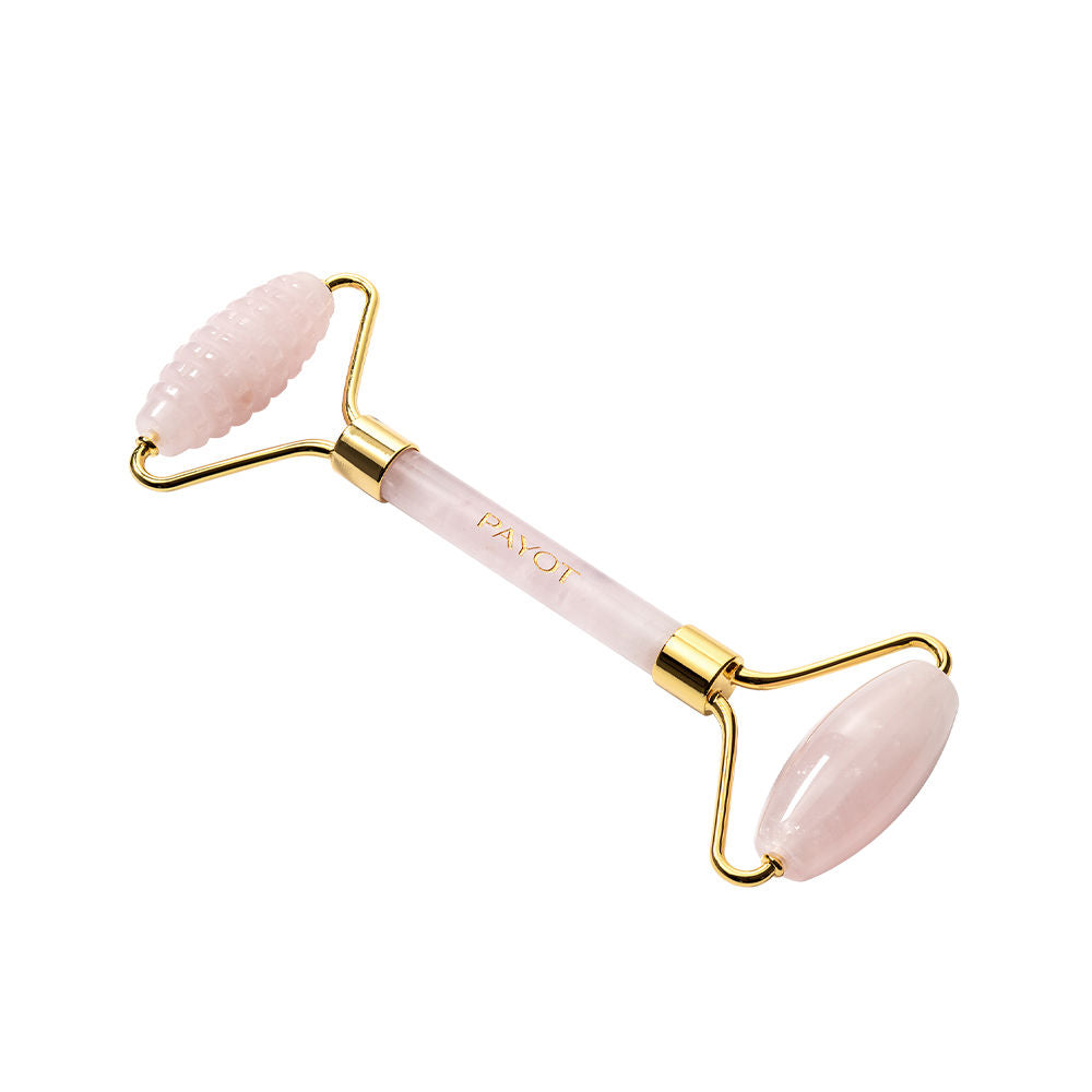 Dual-ended rose quartz facial roller with metal frame for sculpting
