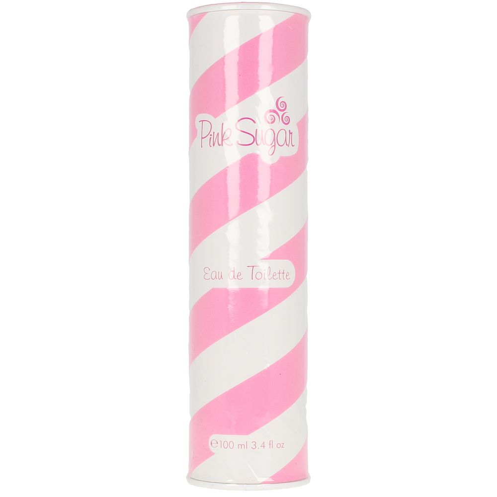 Clear cylindrical 100 ml perfume bottle with pink accents, sweet gourmand fragrance