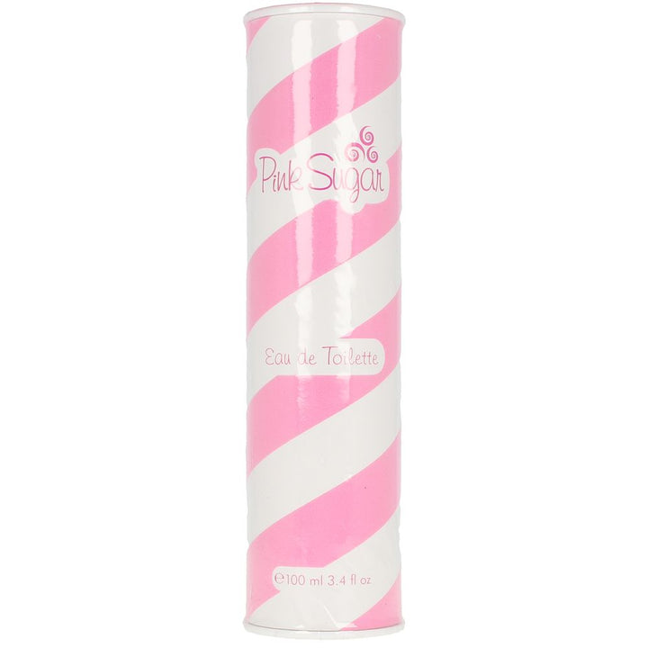 Clear cylindrical 100 ml perfume bottle with pink accents, sweet gourmand fragrance