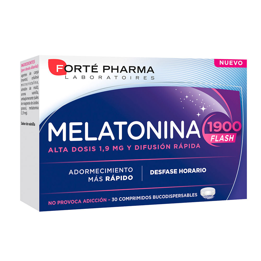 Forté Pharma Rectangular white, blue, and pink cardboard box showing logo, large product name text, dosage details, and tablet image.
