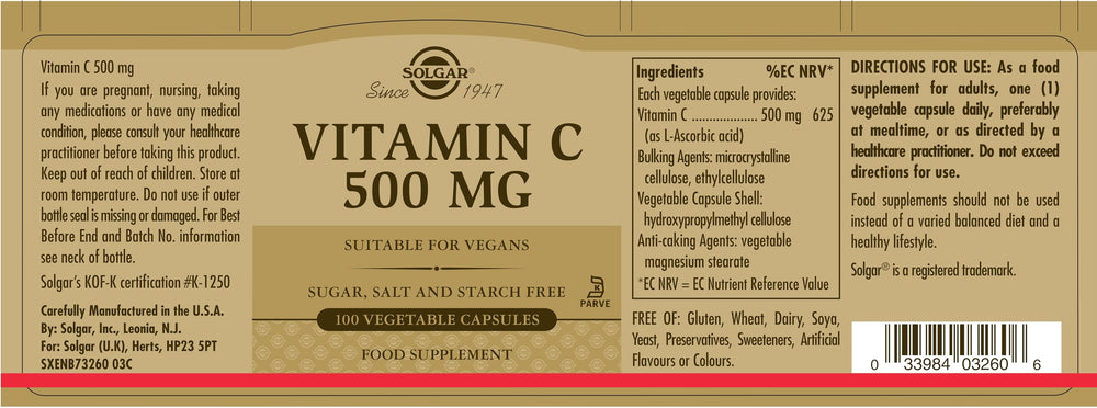 Bottle of 100 vegetable vitamin C capsules, 500 mg per capsule, vegan, Unisex