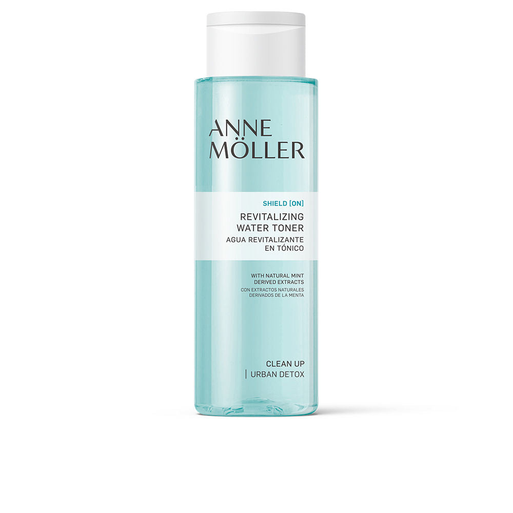 Tall 400 ml clear bottle of mint water toner, recycled plastic, blue-tinted liquid
