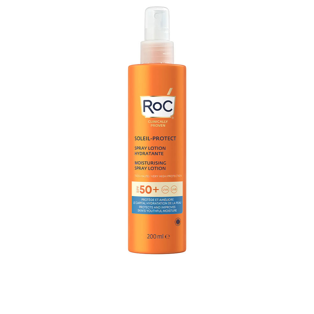 200 ml SPF50+ velvet hydrating spray lotion in translucent bottle, Unisex sunscreen