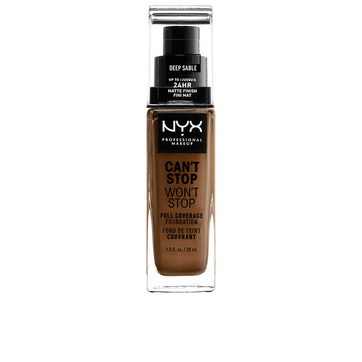 30 ml glass bottle of deep sable matte liquid foundation, pump applicator visible